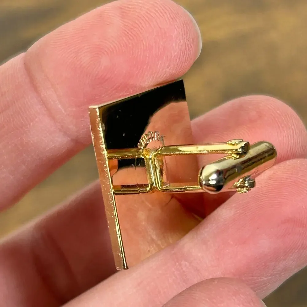 Swank Gold Plated Cufflinks Diamond Cut Square Vintage Tie Clip Prong Set